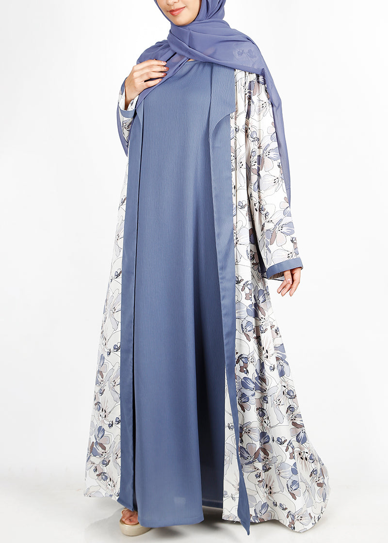 BeingMuslims Bluish Grey Flower Print  Open-Front Shrug and Inner Abaya Set