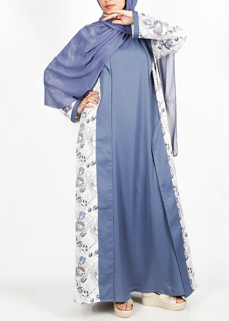 BeingMuslims Bluish Grey Flower Print  Open-Front Shrug and Inner Abaya Set