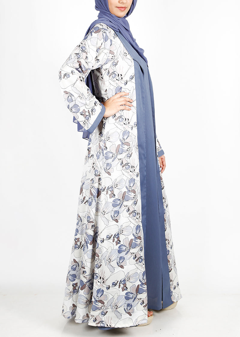 BeingMuslims Bluish Grey Flower Print  Open-Front Shrug and Inner Abaya Set