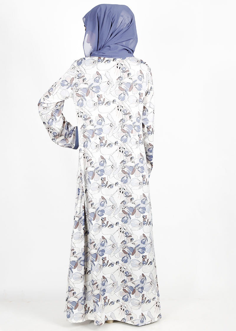 BeingMuslims Bluish Grey Flower Print  Open-Front Shrug and Inner Abaya Set
