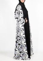 BeingMuslims Flower Print Black Open-Front Shrug and Inner Abaya Set