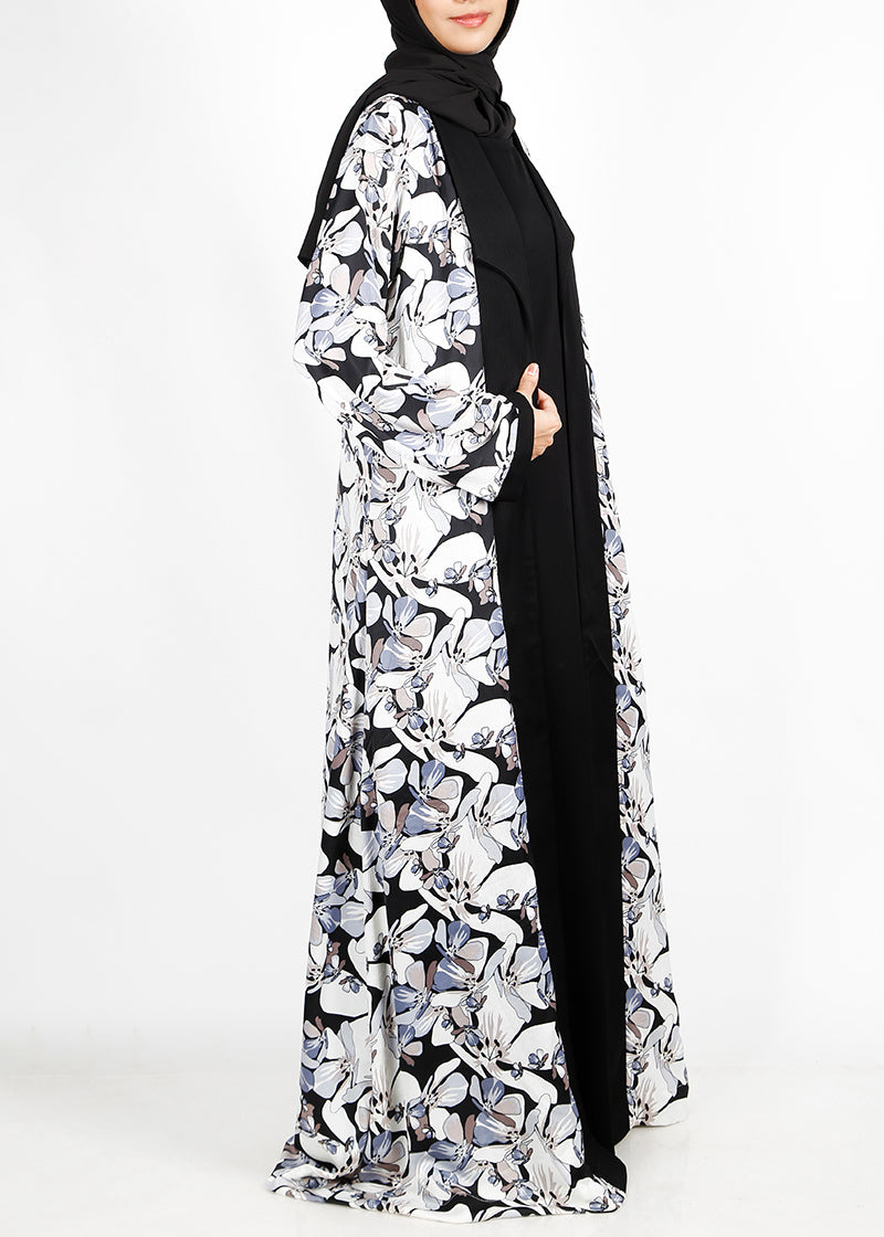BeingMuslims Flower Print Black Open-Front Shrug and Inner Abaya Set