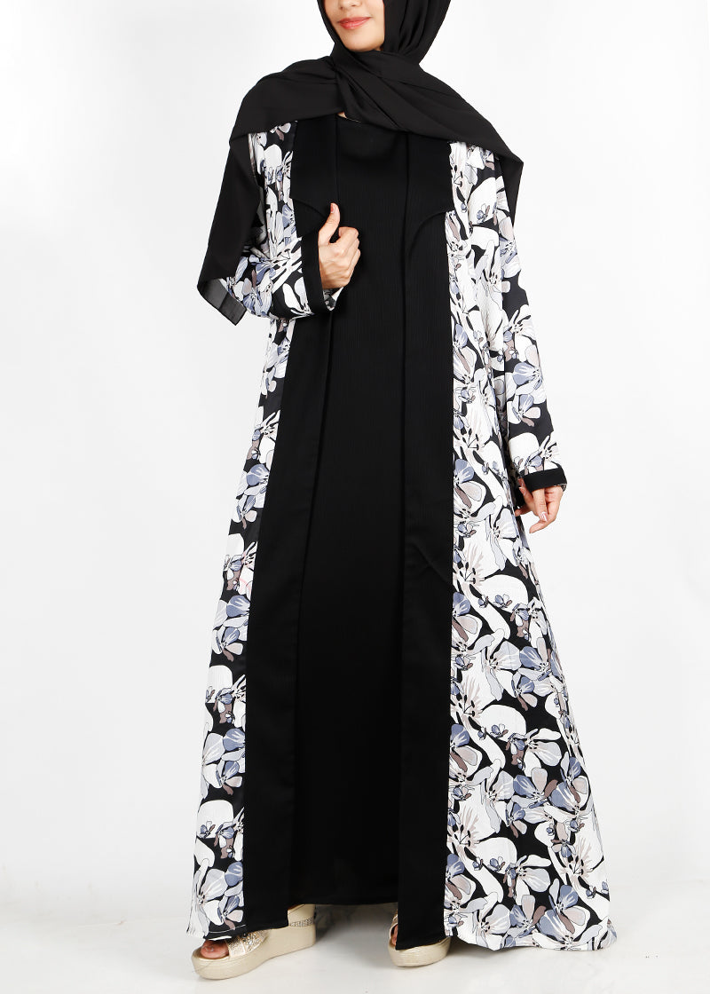 BeingMuslims Flower Print Black Open-Front Shrug and Inner Abaya Set