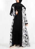 BeingMuslims Flower Print Black Open-Front Shrug and Inner Abaya Set