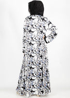 BeingMuslims Flower Print Black Open-Front Shrug and Inner Abaya Set