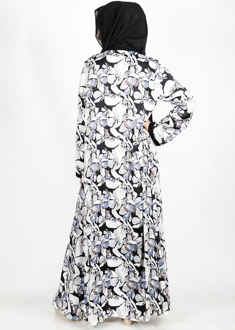 BeingMuslims Flower Print Black Open-Front Shrug and Inner Abaya Set