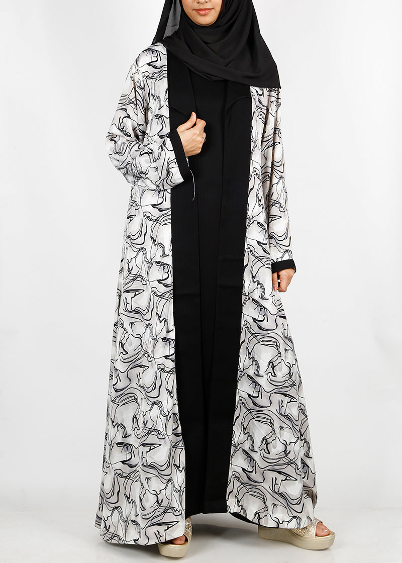 BeingMuslims Black Wavy Print  Open-Front Shrug and Inner Abaya Set