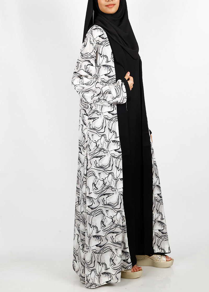 BeingMuslims Black Wavy Print  Open-Front Shrug and Inner Abaya Set