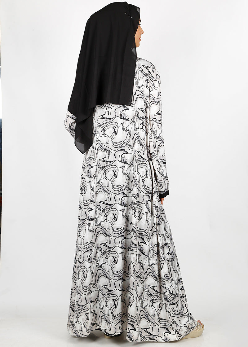 BeingMuslims Black Wavy Print  Open-Front Shrug and Inner Abaya Set