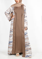 BeingMuslims Brown Abstract Print  Open-Front Shrug and Inner Abaya Set