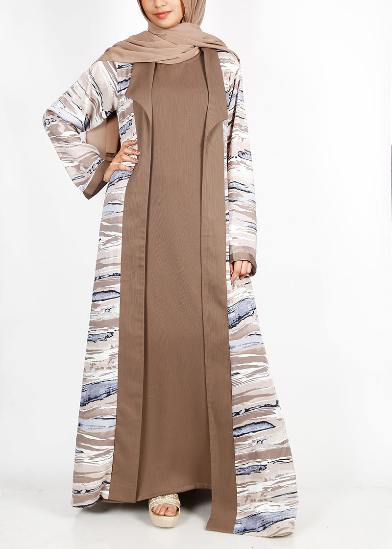 BeingMuslims Brown Abstract Print  Open-Front Shrug and Inner Abaya Set