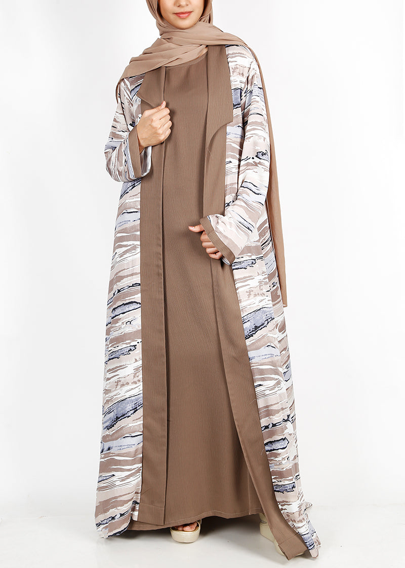 BeingMuslims Brown Abstract Print  Open-Front Shrug and Inner Abaya Set