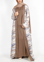 BeingMuslims Brown Abstract Print  Open-Front Shrug and Inner Abaya Set