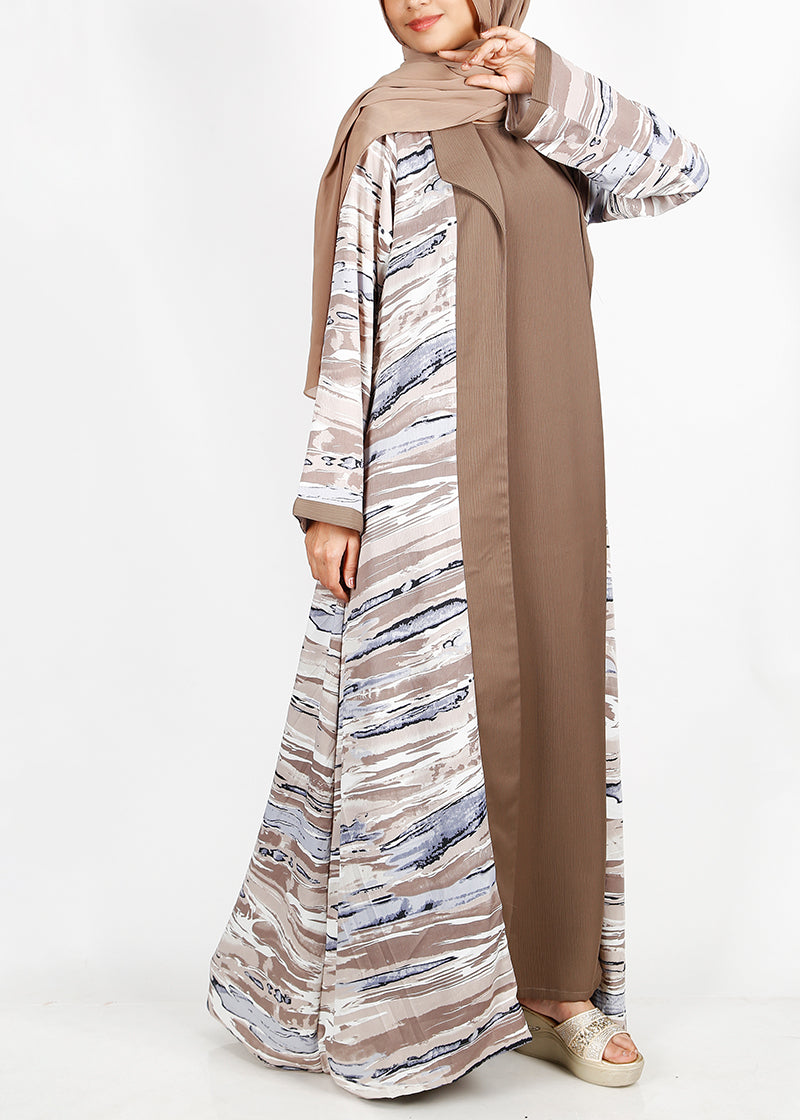 BeingMuslims Brown Abstract Print  Open-Front Shrug and Inner Abaya Set