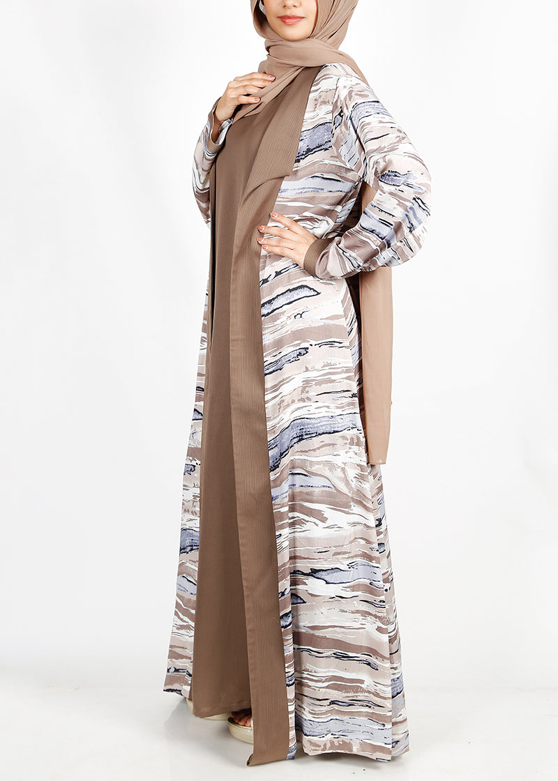 BeingMuslims Brown Abstract Print  Open-Front Shrug and Inner Abaya Set