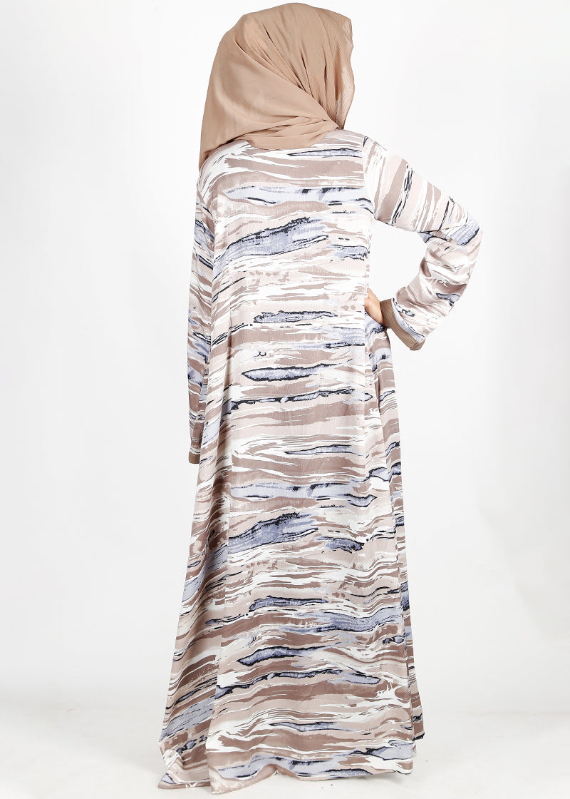 BeingMuslims Brown Abstract Print  Open-Front Shrug and Inner Abaya Set