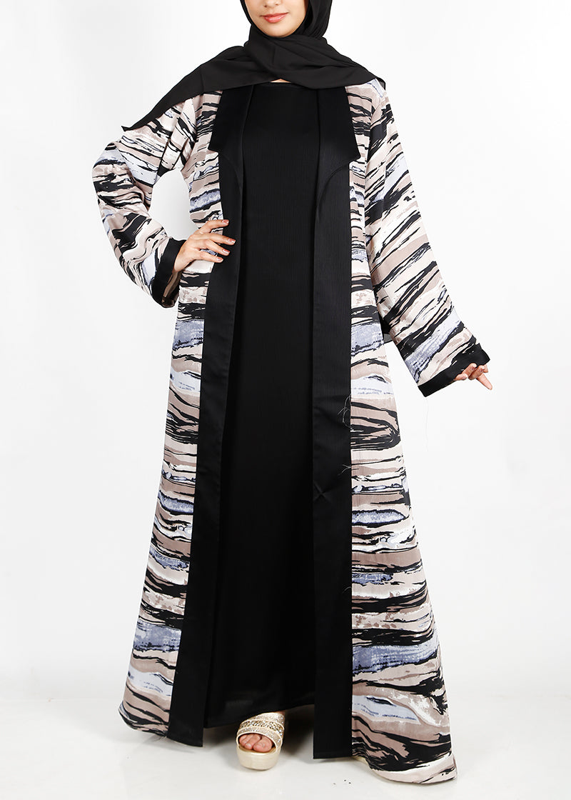 BeingMuslims Black Abstract Print  Open-Front Shrug and Inner Abaya Set