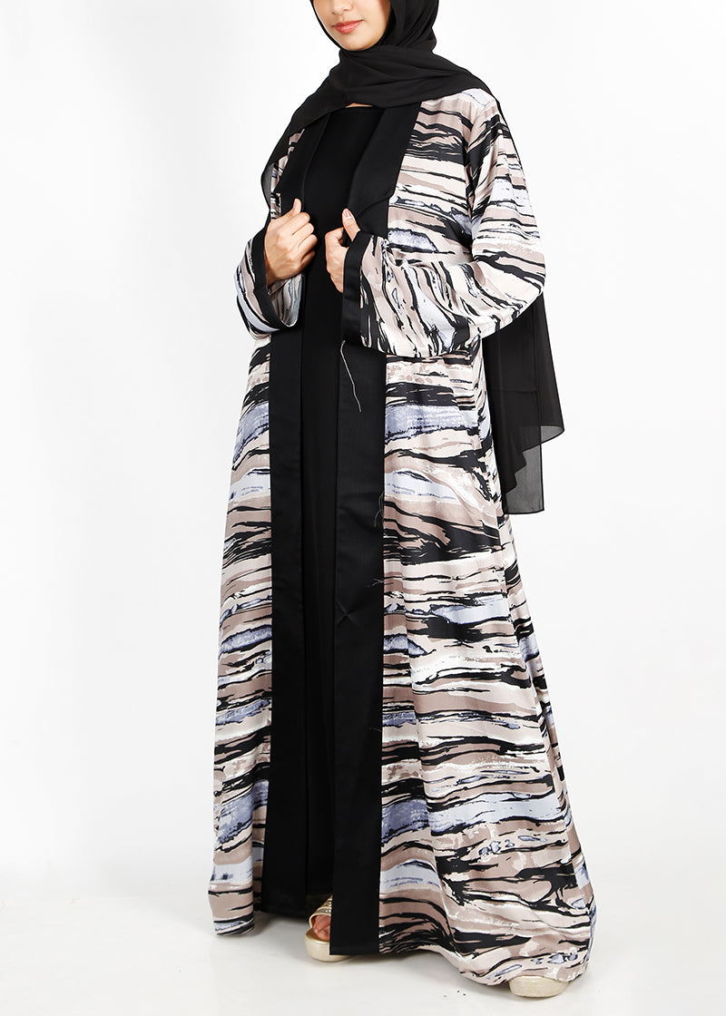 BeingMuslims Black Abstract Print  Open-Front Shrug and Inner Abaya Set