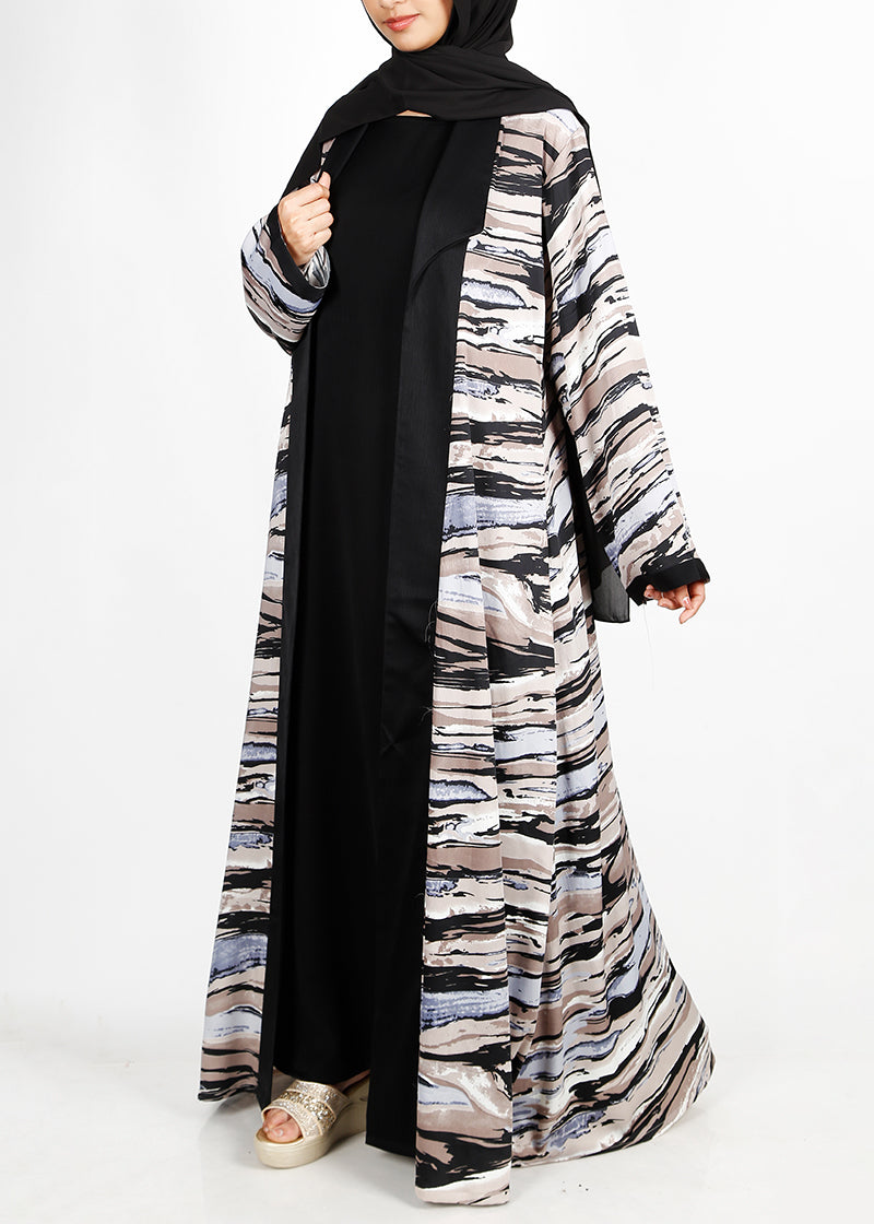 BeingMuslims Black Abstract Print  Open-Front Shrug and Inner Abaya Set