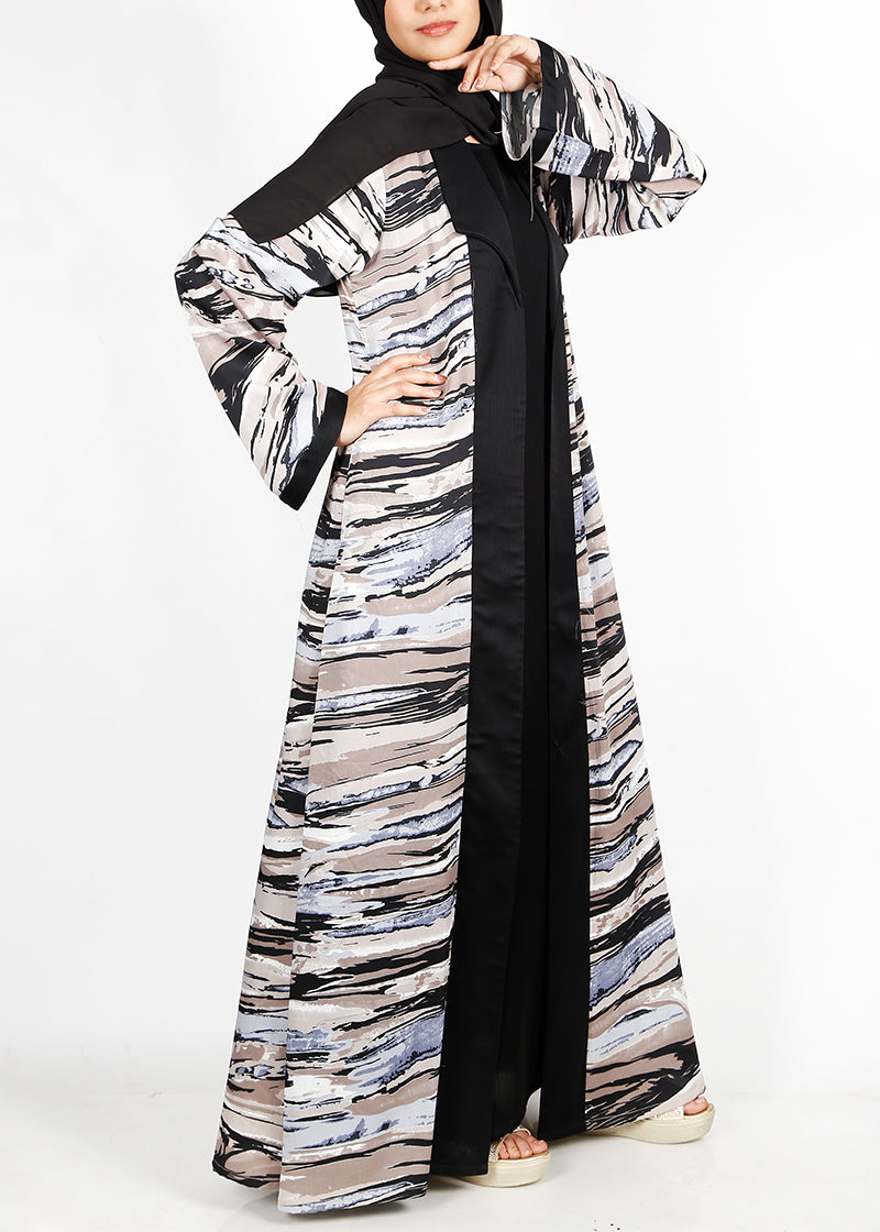 BeingMuslims Black Abstract Print  Open-Front Shrug and Inner Abaya Set