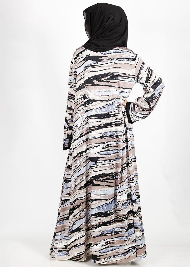 BeingMuslims Black Abstract Print  Open-Front Shrug and Inner Abaya Set