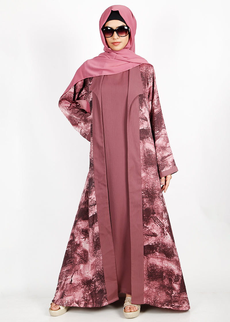 BeingMuslims Onion Pink Abstract Print  Open-Front Shrug and Inner Abaya Set