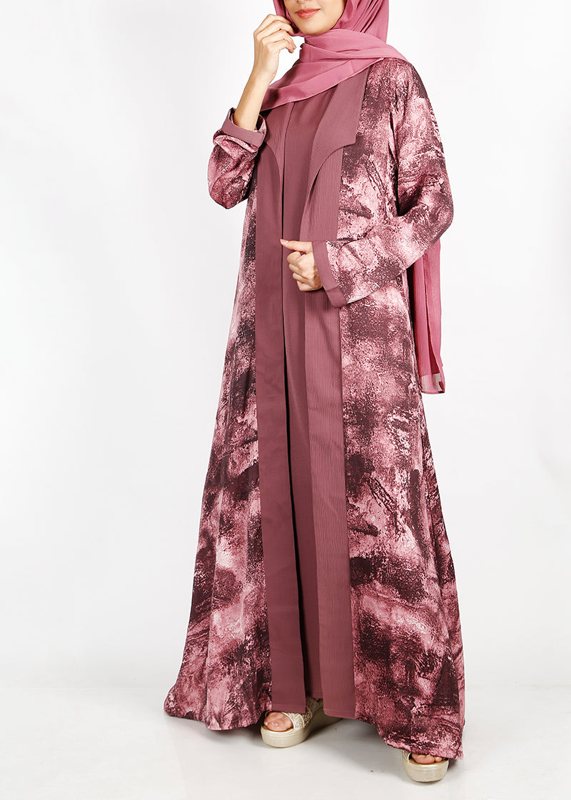 BeingMuslims Onion Pink Abstract Print  Open-Front Shrug and Inner Abaya Set