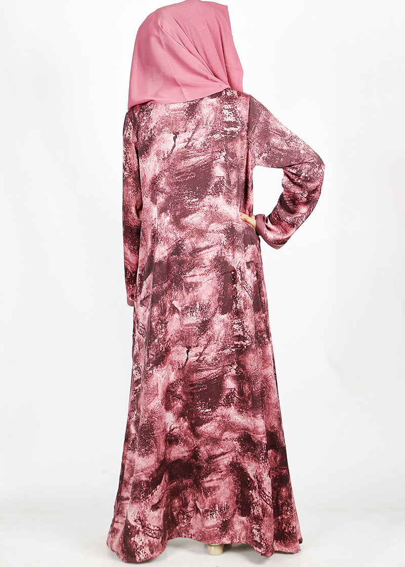 BeingMuslims Onion Pink Abstract Print  Open-Front Shrug and Inner Abaya Set