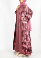 BeingMuslims Onion Pink Abstract Print  Open-Front Shrug and Inner Abaya Set