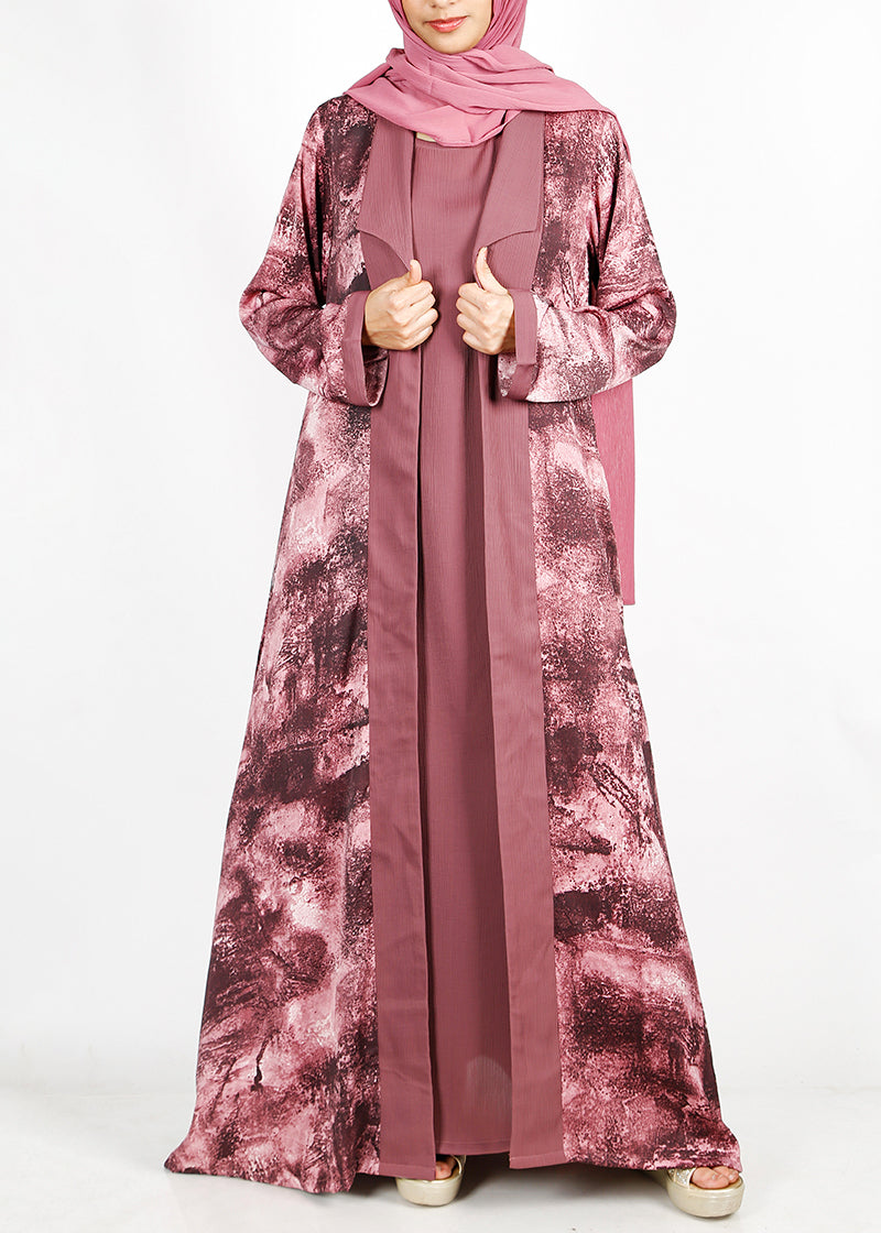 BeingMuslims Onion Pink Abstract Print  Open-Front Shrug and Inner Abaya Set