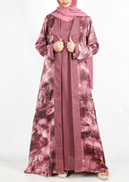 BeingMuslims Onion Pink Abstract Print  Open-Front Shrug and Inner Abaya Set