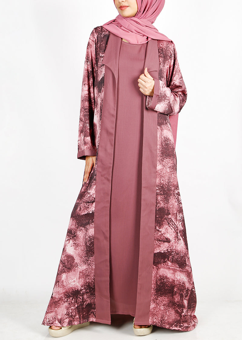 BeingMuslims Onion Pink Abstract Print  Open-Front Shrug and Inner Abaya Set