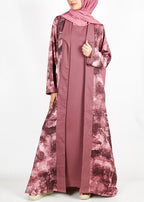 BeingMuslims Onion Pink Abstract Print  Open-Front Shrug and Inner Abaya Set