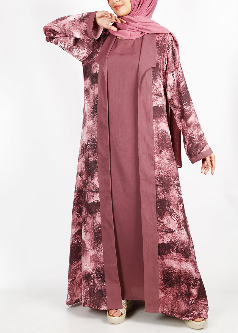 BeingMuslims Onion Pink Abstract Print  Open-Front Shrug and Inner Abaya Set