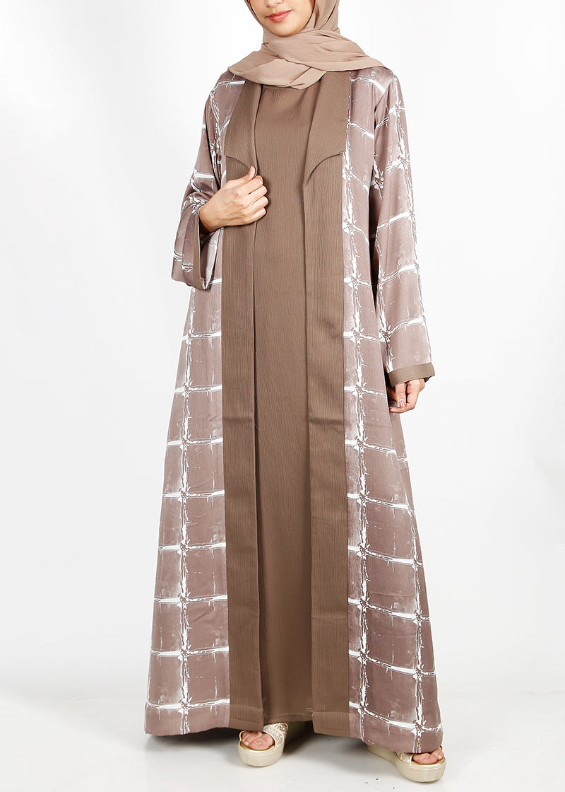 BeingMuslims Brown Grid Pattern Print Open-Front Shrug and Inner Abaya Set