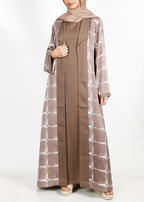 BeingMuslims Brown Grid Pattern Print Open-Front Shrug and Inner Abaya Set