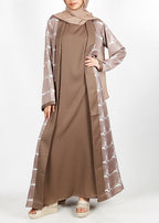 BeingMuslims Brown Grid Pattern Print Open-Front Shrug and Inner Abaya Set