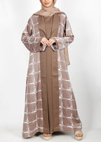 BeingMuslims Brown Grid Pattern Print Open-Front Shrug and Inner Abaya Set