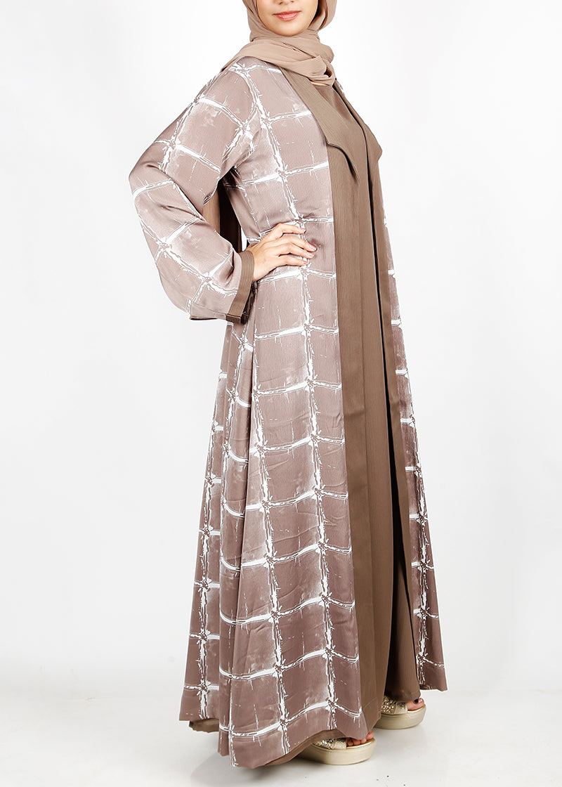 BeingMuslims Brown Grid Pattern Print Open-Front Shrug and Inner Abaya Set