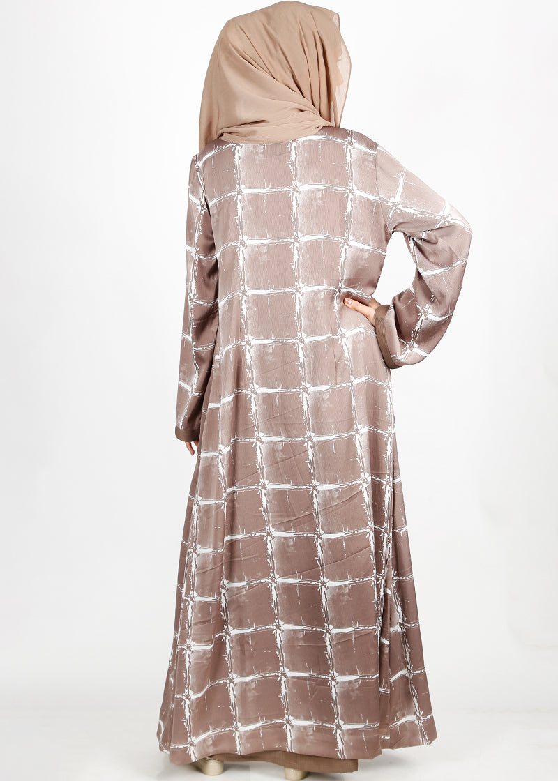 BeingMuslims Brown Grid Pattern Print Open-Front Shrug and Inner Abaya Set