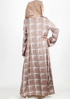 BeingMuslims Brown Grid Pattern Print Open-Front Shrug and Inner Abaya Set