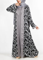 BeingMuslims Grey and Black Abstract Print  Open-Front Shrug and Inner Abaya Set