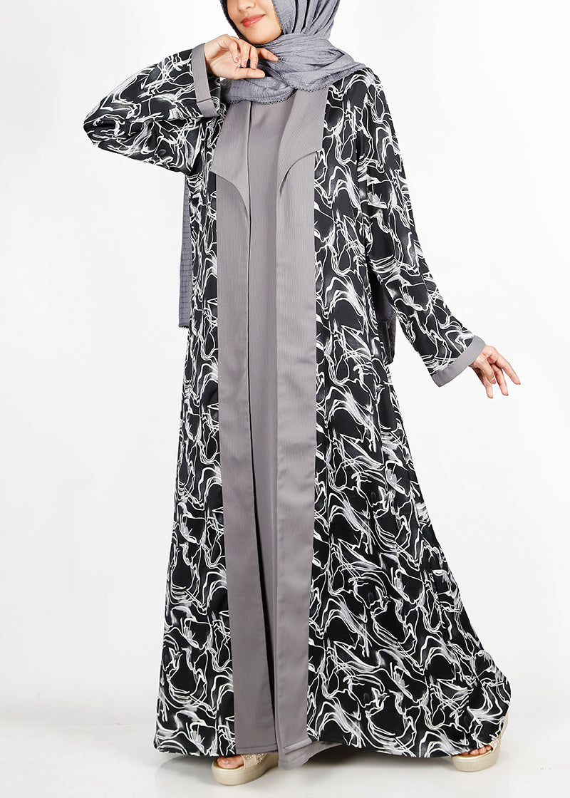 BeingMuslims Grey and Black Abstract Print  Open-Front Shrug and Inner Abaya Set