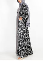 BeingMuslims Grey and Black Abstract Print  Open-Front Shrug and Inner Abaya Set