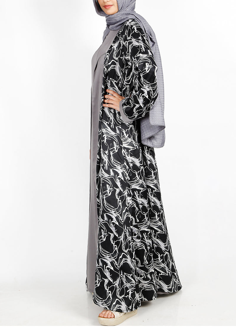 BeingMuslims Grey and Black Abstract Print  Open-Front Shrug and Inner Abaya Set