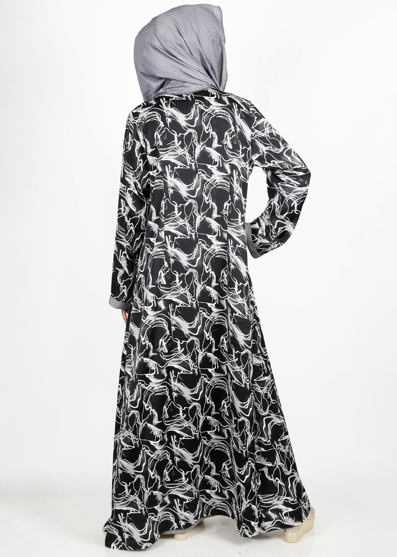 BeingMuslims Grey and Black Abstract Print  Open-Front Shrug and Inner Abaya Set