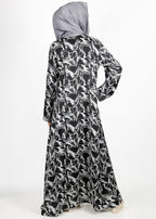 BeingMuslims Grey and Black Abstract Print  Open-Front Shrug and Inner Abaya Set