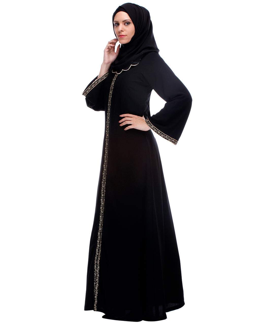 Classic Black Abaya With Golden Zari Embroidery