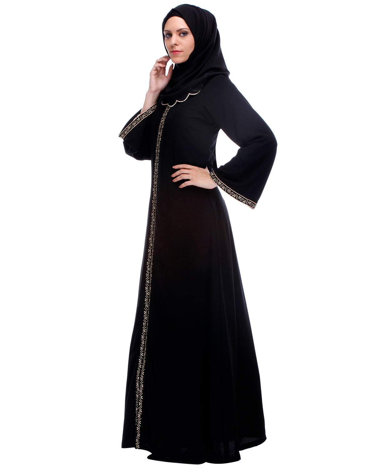 Classic Black Abaya With Golden Zari Embroidery