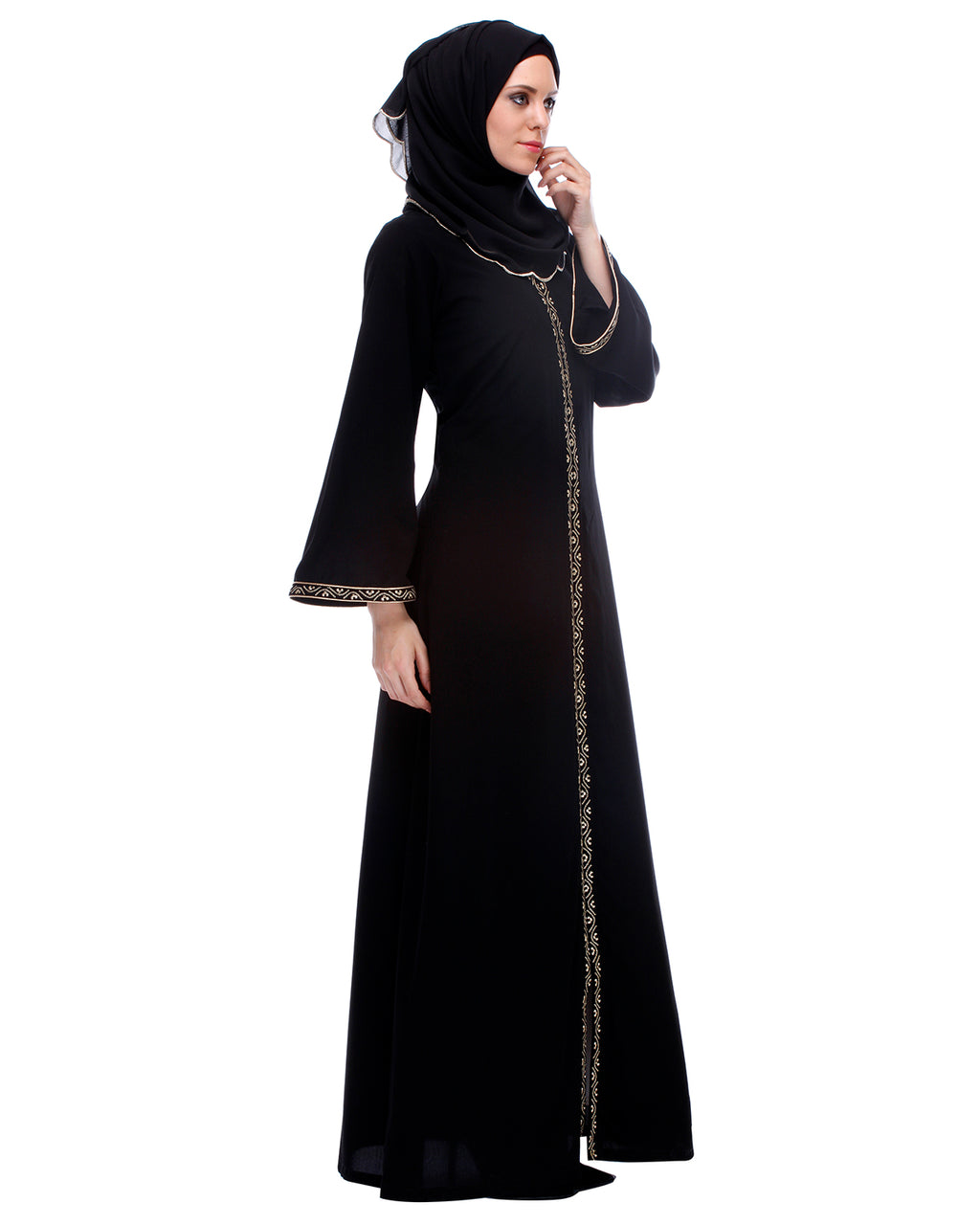 Classic Black Abaya With Golden Zari Embroidery